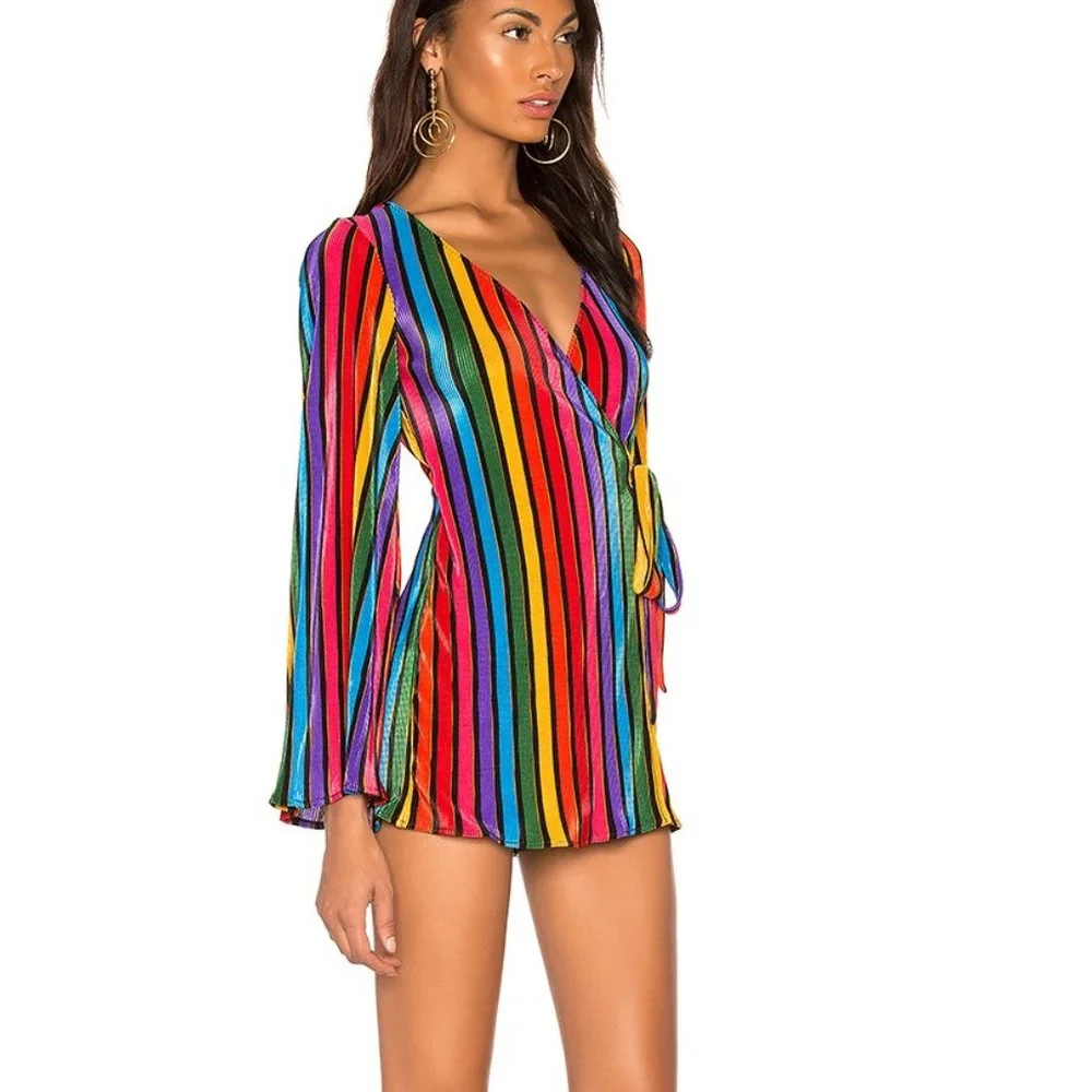 Show Me Your MuMu Multicolor Rainbow Stripe Long Sleeve Wrap Dress - Picture 2 of 5